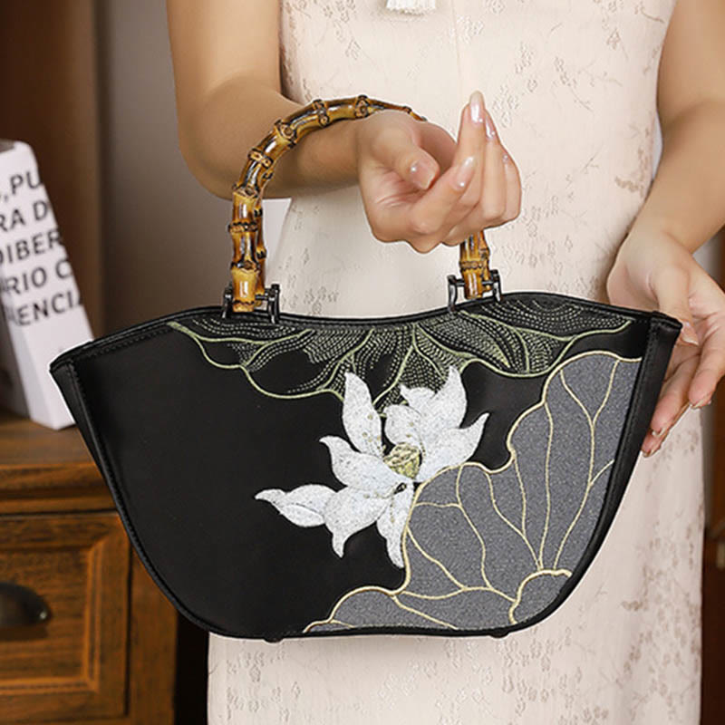 Nimara Ritual Lotus Embroidery Bamboo Handle Handbag