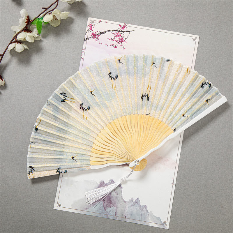 Nimara Ritual Flying White Crane Sun Cloud Handheld Silk Bamboo Folding Fan 22cm