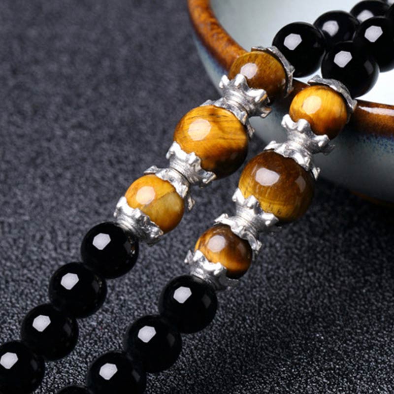 Nimara Ritual 108 Beads Natural Black Obsidian Tiger Eye Mala Bracelet