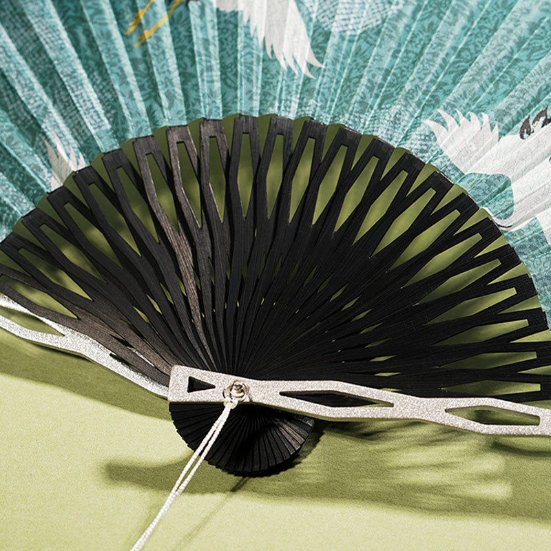Nimara Ritual Vintage Blue White Crane Pattern Handheld Silk Bamboo Folding Fan