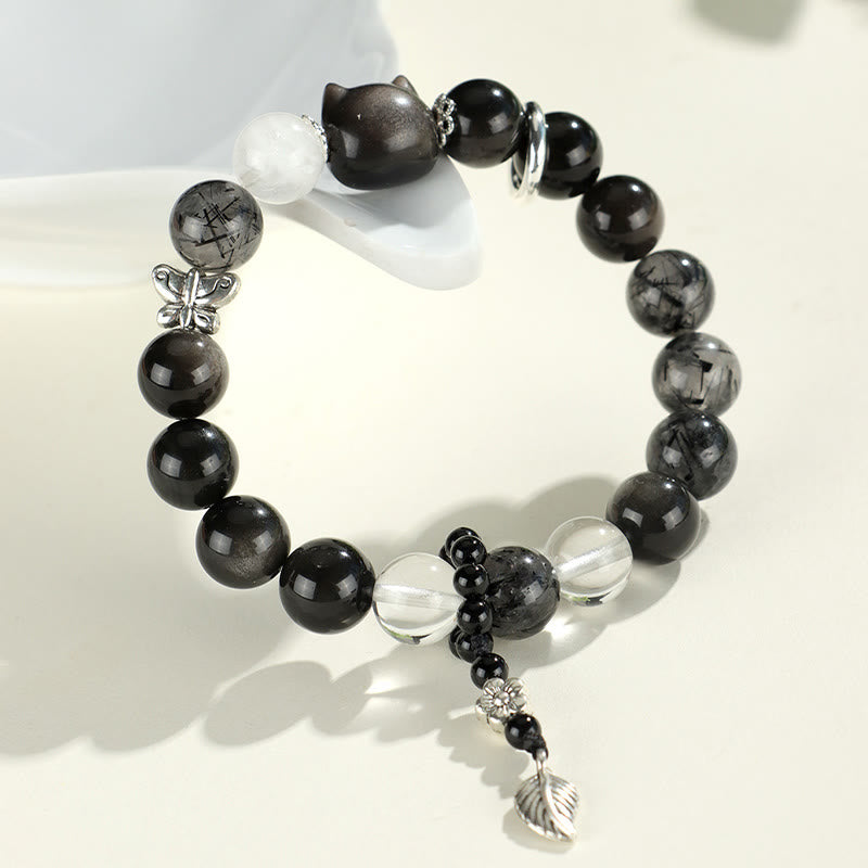 Nimara Ritual Natural Silver Sheen Obsidian Cat Head Fox Planet Protection Bracelet