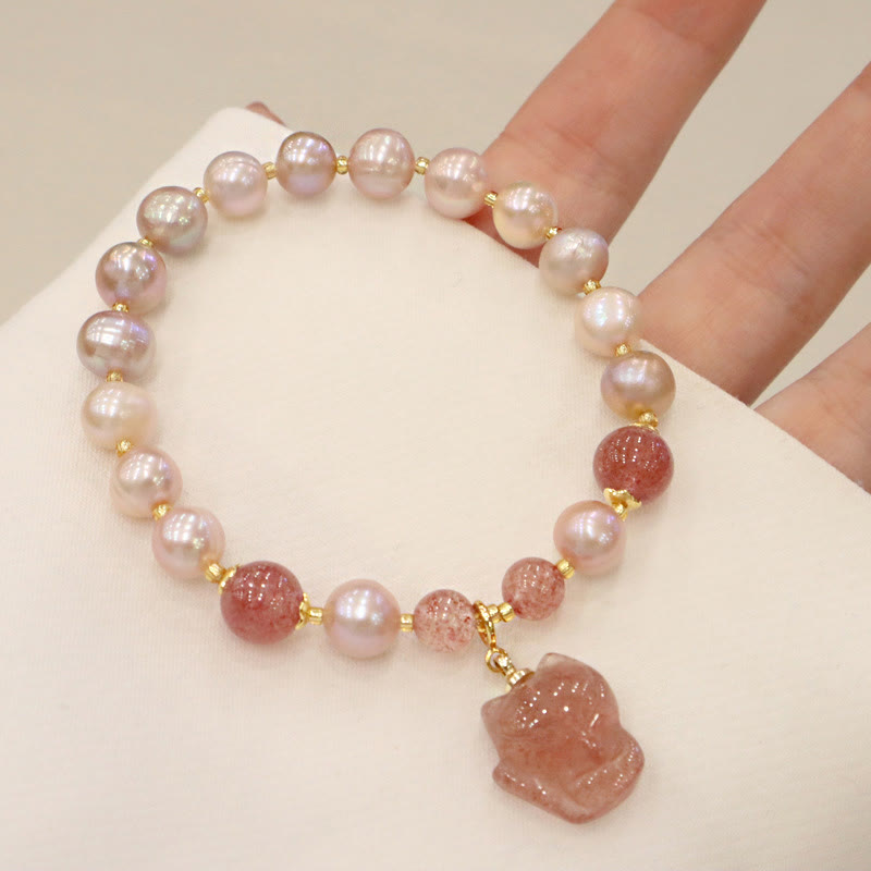 Nimara Ritual Natural Pearl Strawberry Quartz Cute Fox Love Healing Charm Bracelet