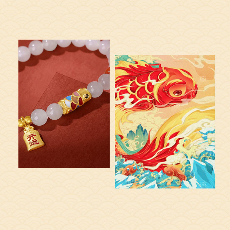 Nimara Ritual 925 Sterling Silver Hetian White Jade Red Agate Koi Fish Luck Happiness Bracelet