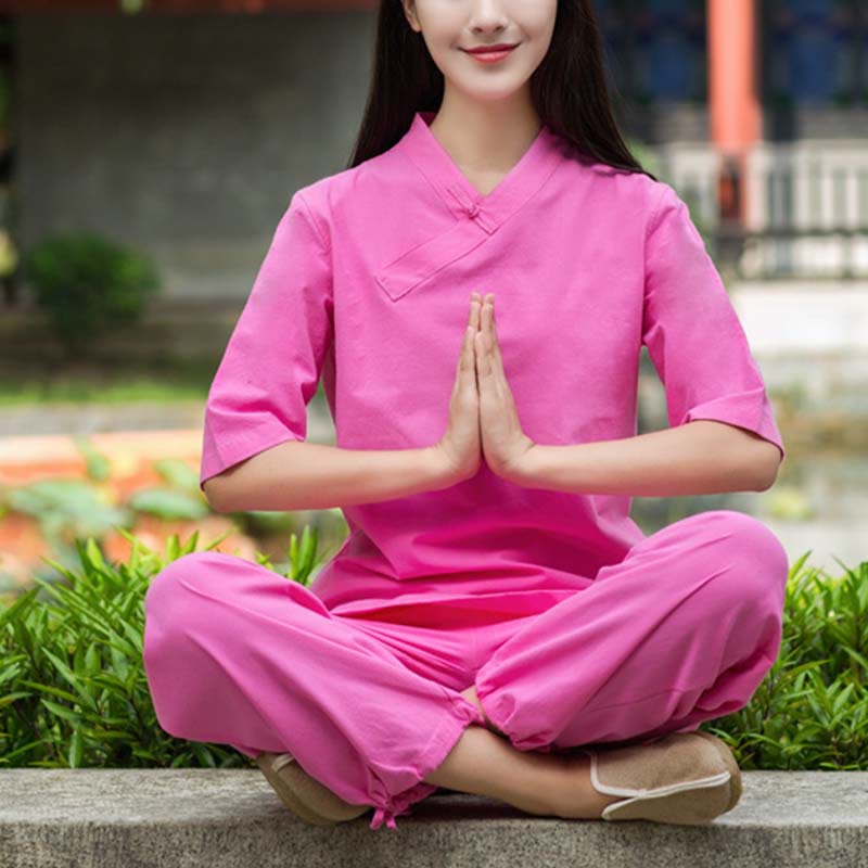 Nimara Ritual 2Pcs Half Sleeve V-Neck Shirt Top Pants Meditation Zen Tai Chi Linen Clothing Women's Set