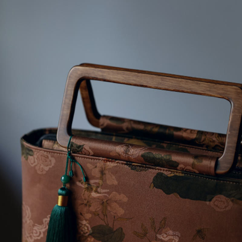 Nimara Ritual Vintage Brown Flowers Green Bamboo Leaves Wood Handles Zipper Handbag