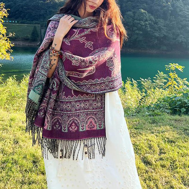 Nimara Ritual Vintage Tibetan Leaves Pattern Design Shawl Cozy Travel Scarf Wrap