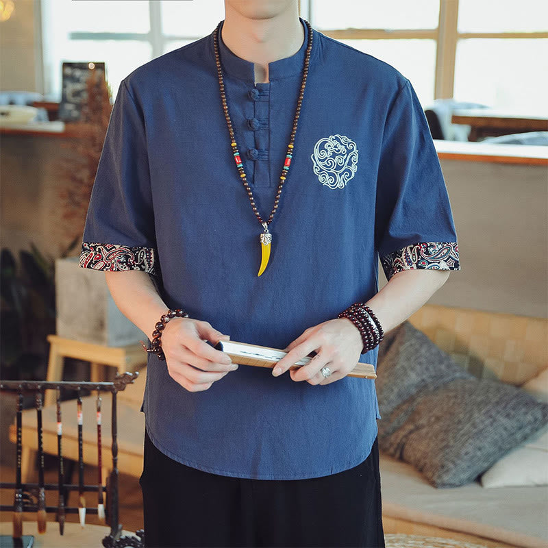 Nimara Ritual Frog-Button Dragon Embroidery Chinese Tang Suit Short Sleeve Shirt Men Clothing