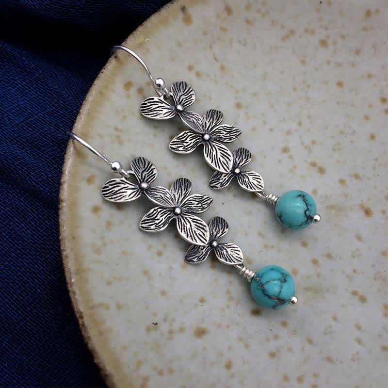 Nimara Ritual 925 Sterling Silver Turquoise Lazurite Flower Leaf Serenity Protection Hook Drop Dangle Earrings