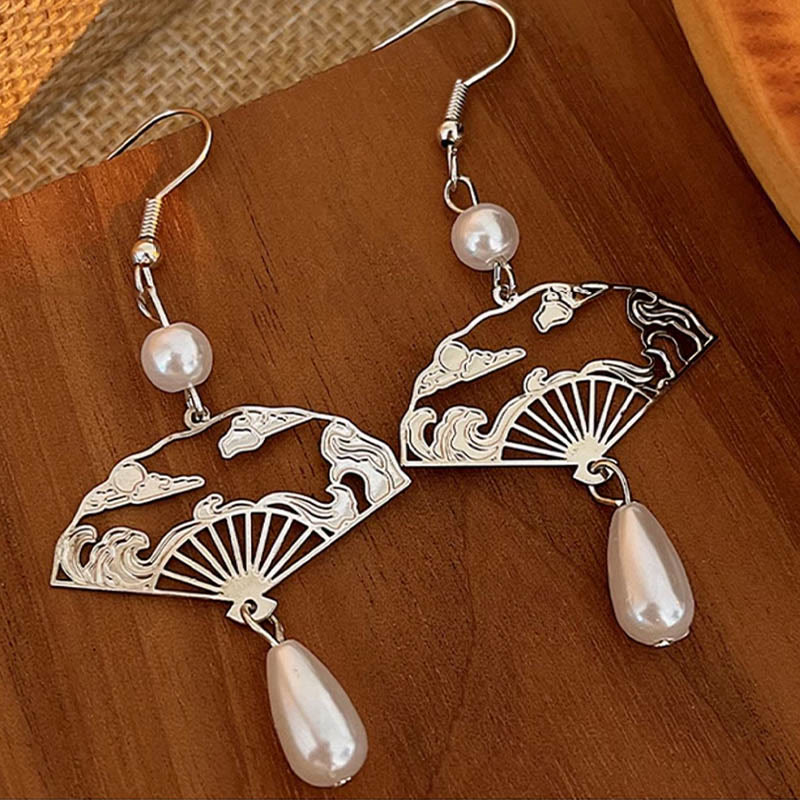 Nimara Ritual Copper Fan Auspicious Clouds Pearl Healing Drop Earrings