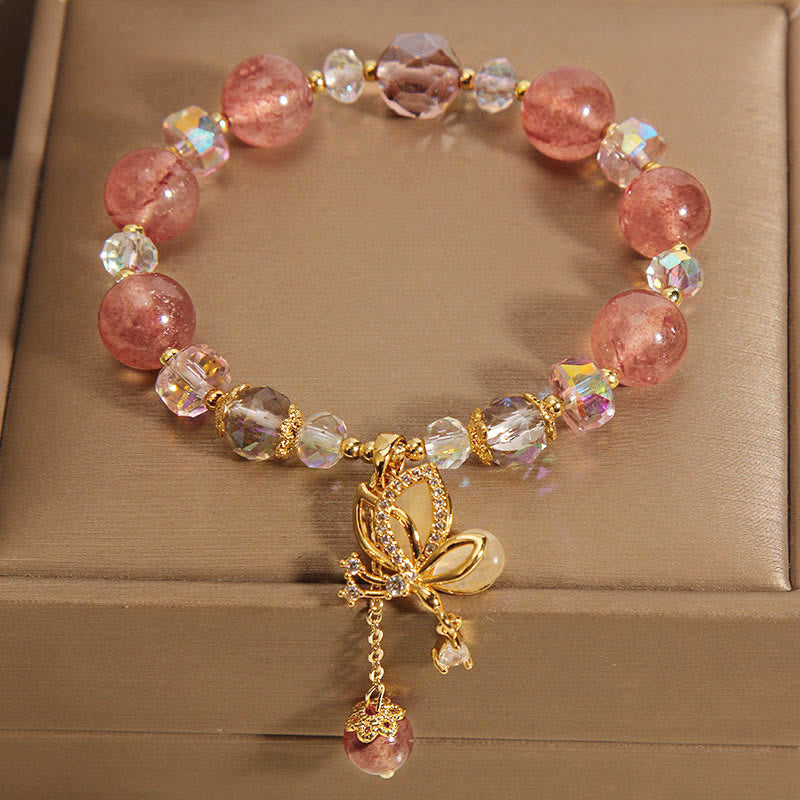 Nimara Ritual Natural Strawberry Quartz Healing Positive Butterfly Charm Bracelet