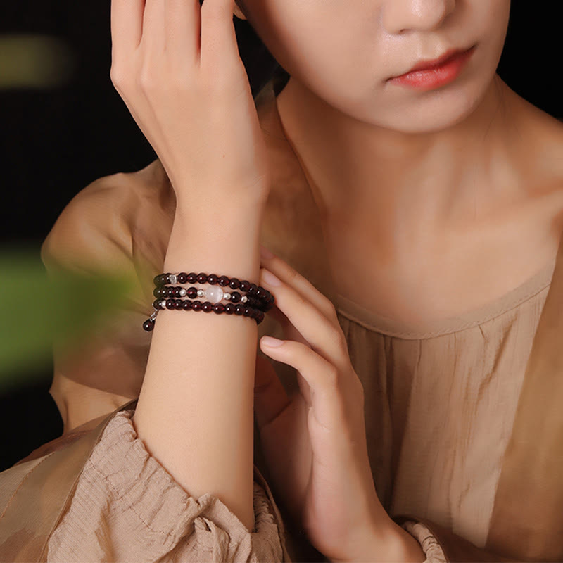Nimara Ritual 925 Sterling Silver Natural Garnet Cat Eye Protection Triple Wrap Bracelet