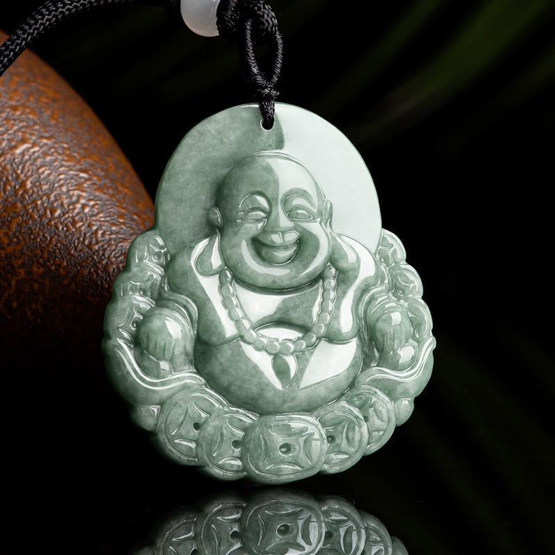 Nimara Ritual Laughing Buddha Natural Jade Copper Coin Abundance Necklace Pendant