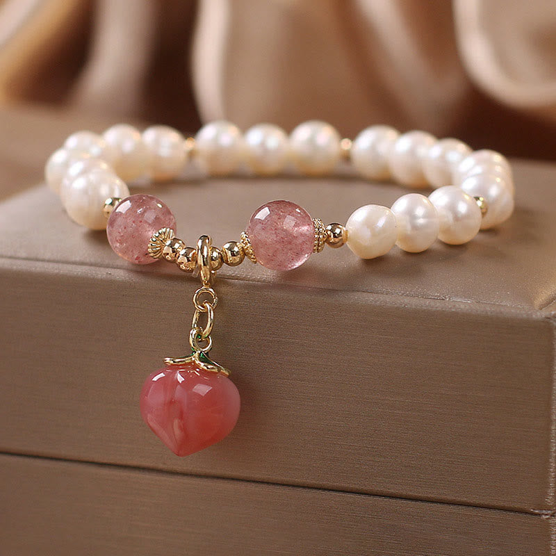 Nimara Ritual Natural Pearl Strawberry Quartz Peach Love Heart Wisdom Charm Bracelet