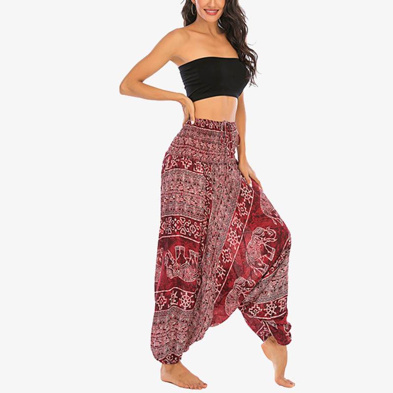 Nimara Ritual Two Style Wear Elephant Pattern Loose Smocked Harem Trousers Jumpsuit Women's Yoga Pants