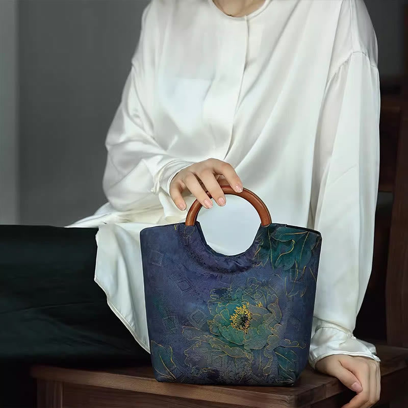 Nimara Ritual Peony Flower Bamboo Leaves Bird Solid Wood Handle Handbag