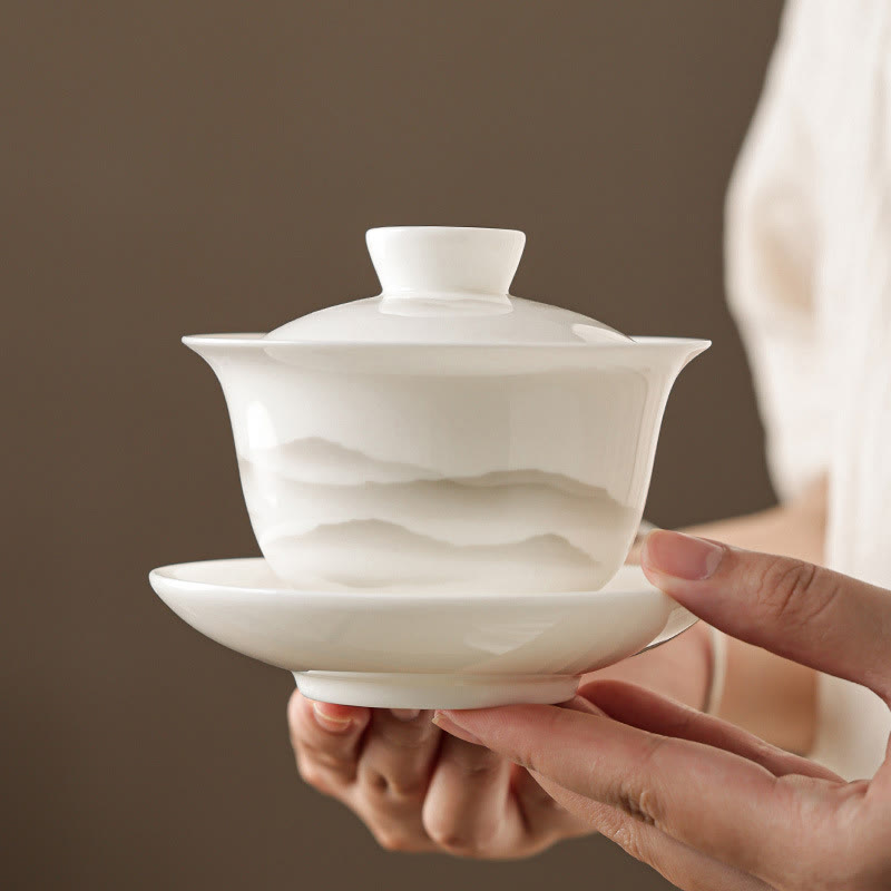 Nimara Ritual Vintage Ink Painting Mountain White Porcelain Ceramic Gaiwan Sancai Teacup Kung Fu Tea Cup And Saucer With Lid Tea Utensil Teapot