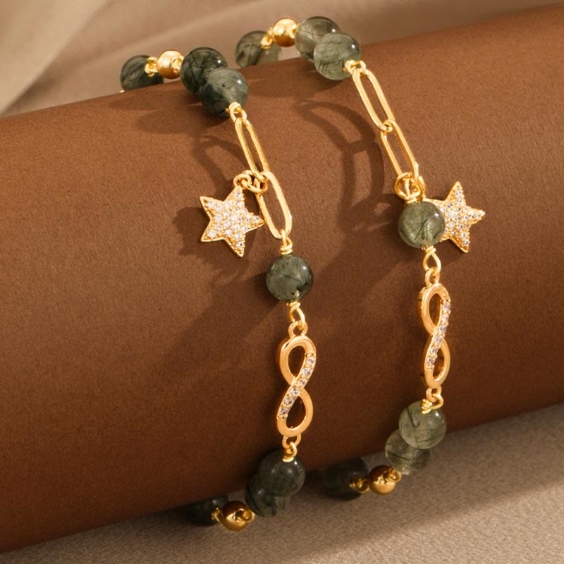 Nimara Ritual 14k Gold Plated Copper Green Rutilated Quartz MAbius Loop Eternal Love Star Protection Bracelet
