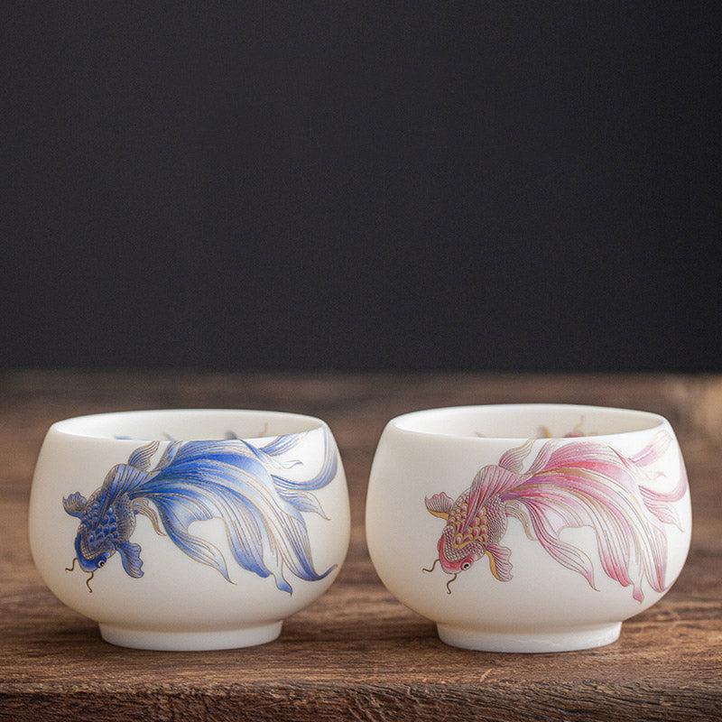 Nimara Ritual Koi Fish White Porcelain Ceramic Teacup Kung Fu Tea Cup