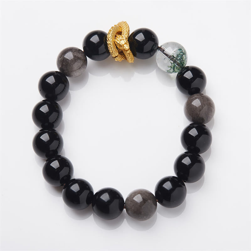 Nimara Ritual Natural Silver Sheen Obsidian Dragon Green Phantom Protection Bracelet