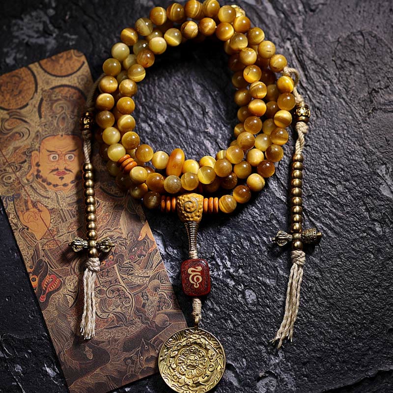 Nimara Ritual 108 Mala Beads Natural Tiger Eye Copper Dorje Protection Tassel Bracelet