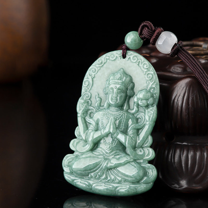 Nimara Ritual Four-armed Avalokitesvara Natural Jade Amulet Blessing String Necklace