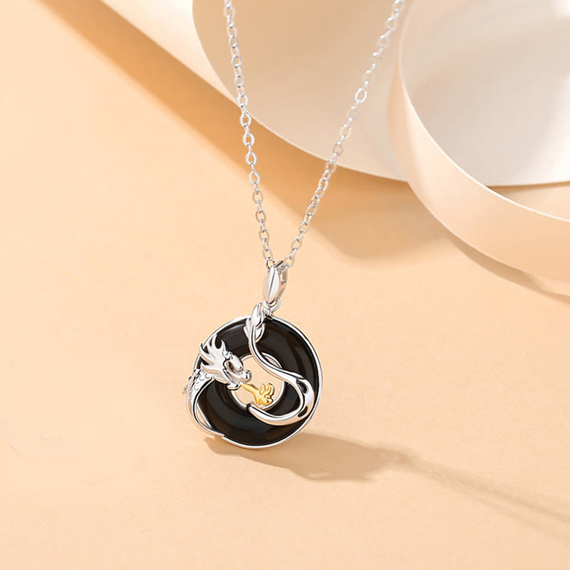 Nimara Ritual 925 Sterling Silver Year of the Dragon Natural Black Onyx Chalcedony Dragon Phoenix Peace Buckle Protection Necklace Pendant