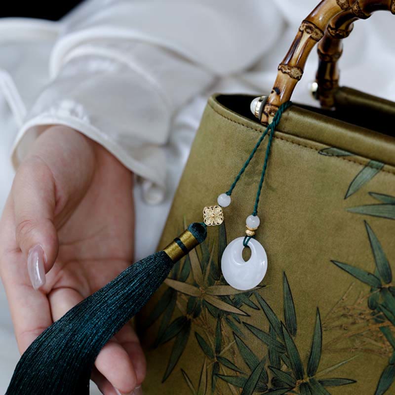 Nimara Ritual Yellow Green Bamboo Leaves Bamboo Handles Handbag