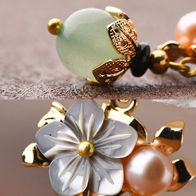 Nimara Ritual 14K Gold Plated Tridacna Stone Flower Pearl Green Aventurine Bead Drop Earrings