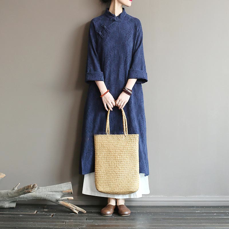 Nimara Ritual Flower Jacquard Midi Dress Long Sleeve Cotton Linen Dress Wide Leg Pants With Pockets