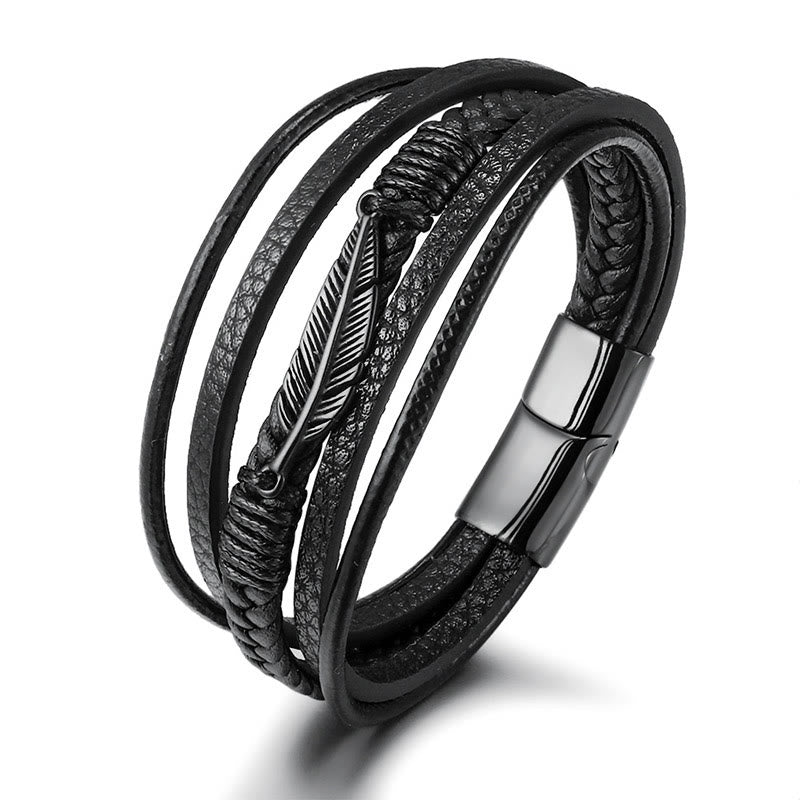 Nimara Ritual Feather Pattern Multilayer Leather Titanium Steel Calm Braided Magnetic Buckle Bracelet