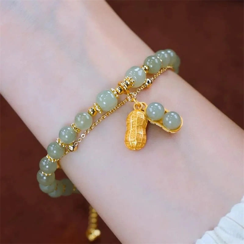 Nimara Ritual Jade Leaf Ginkgo Tulip Peanut Fu Character Luck Beaded Bracelet