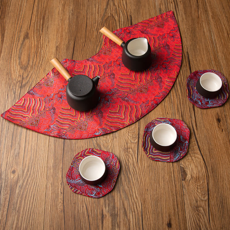 Nimara Ritual Vintage Sea Wave Bamboo Plum Blossom Embroidered Cup Mat Pad Tea Cup Coaster Kung Fu Tea Mat