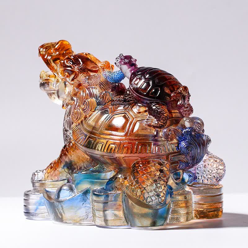 Nimara Ritual Feng Shui Dragon Turtles Handmade Liuli Crystal Art Piece Protection Home Office Decoration
