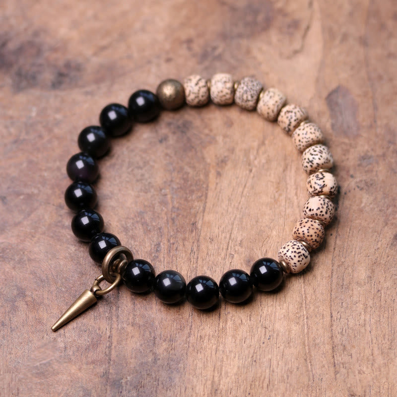 Nimara Ritual Tibetan Bodhi Seed Black Obsidian Ebony Wood Copper Peace Bracelet