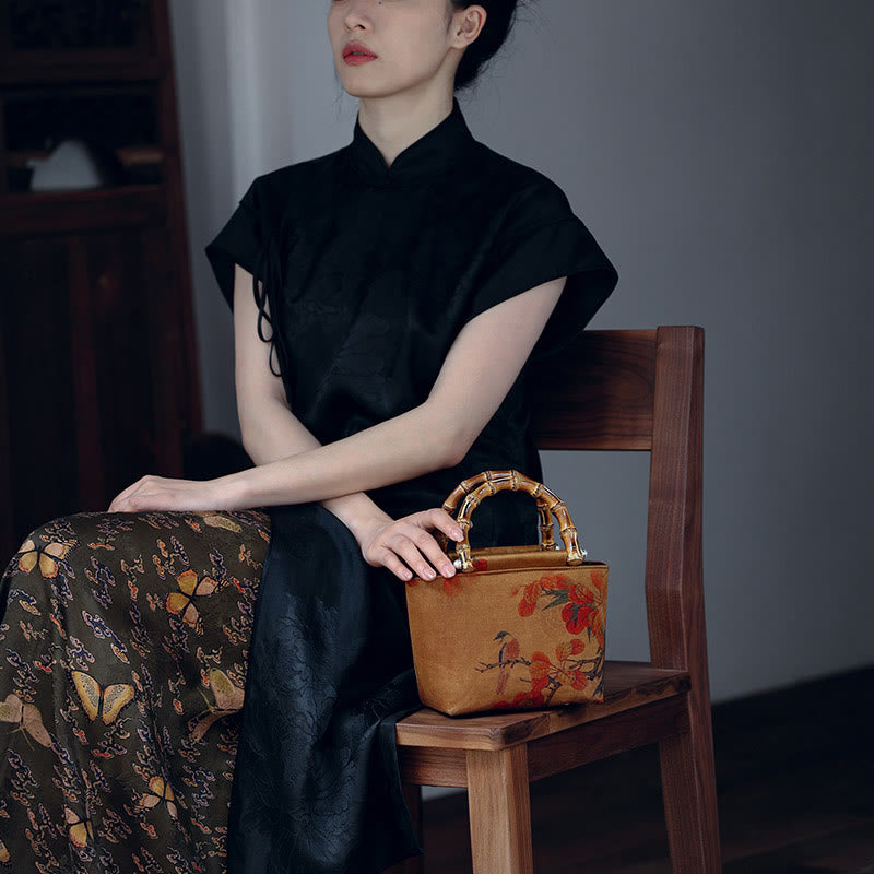 Nimara Ritual Yellow Bird Branches Green Peony Flower Bamboo Handles Handbag