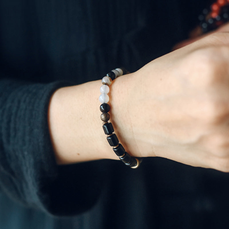 Nimara Ritual Ebony Wood Red Jasper Moss Agate Crystal Copper Peace Couple Bracelet