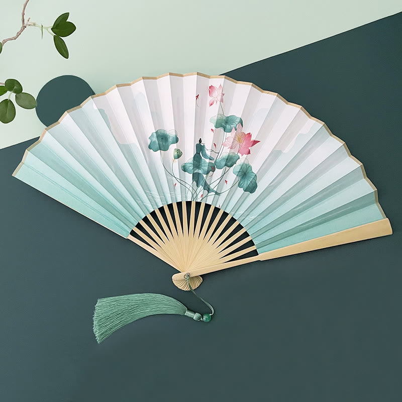 Nimara Ritual Retro Lotus Flower Leaf Mountain Lake Handheld Folding Fan With Bamboo Frames