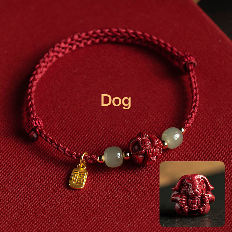 Nimara Ritual Natural Cinnabar Chinese Zodiac Hetian Jade Fu Character Luck Rope Bracelet