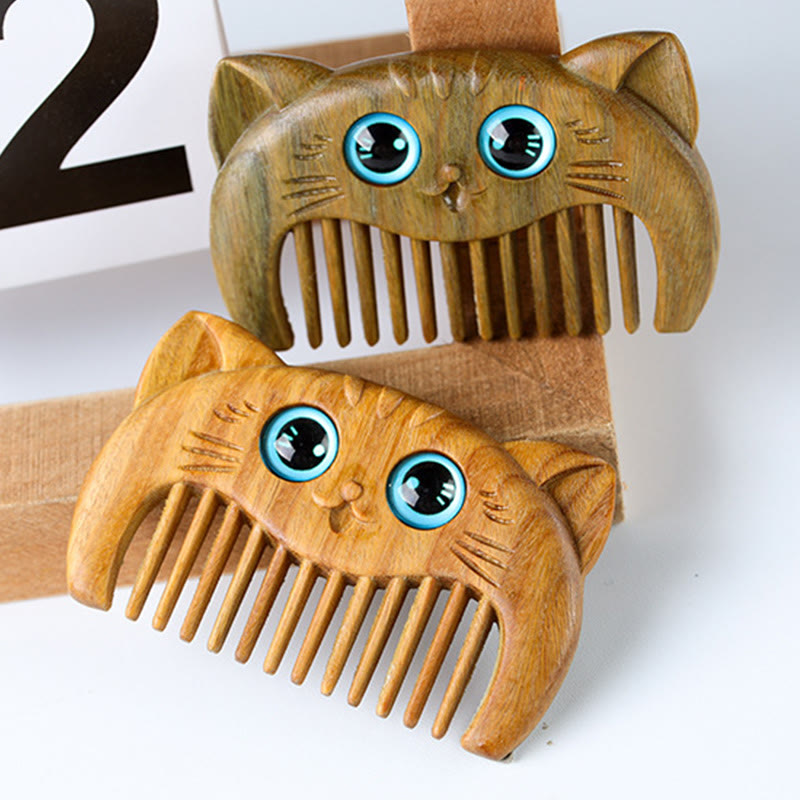 Nimara Ritual Simple Cat Pattern Green Sandalwood Cure Portable Comb