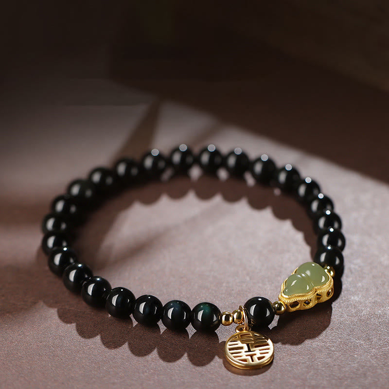 Nimara Ritual Natural Black Obsidian Hetian Jade Gourd Double Happiness Strength Bracelet