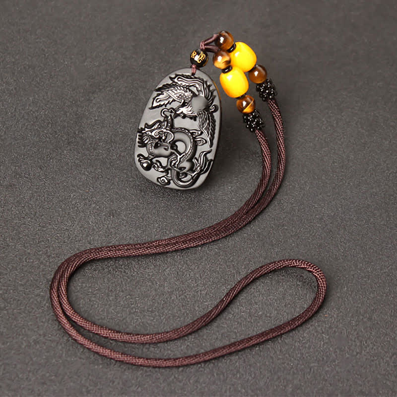 Nimara Ritual Black Obsidian Tiger Eye Dragon Phoenix Protection Beaded Necklace Pendant