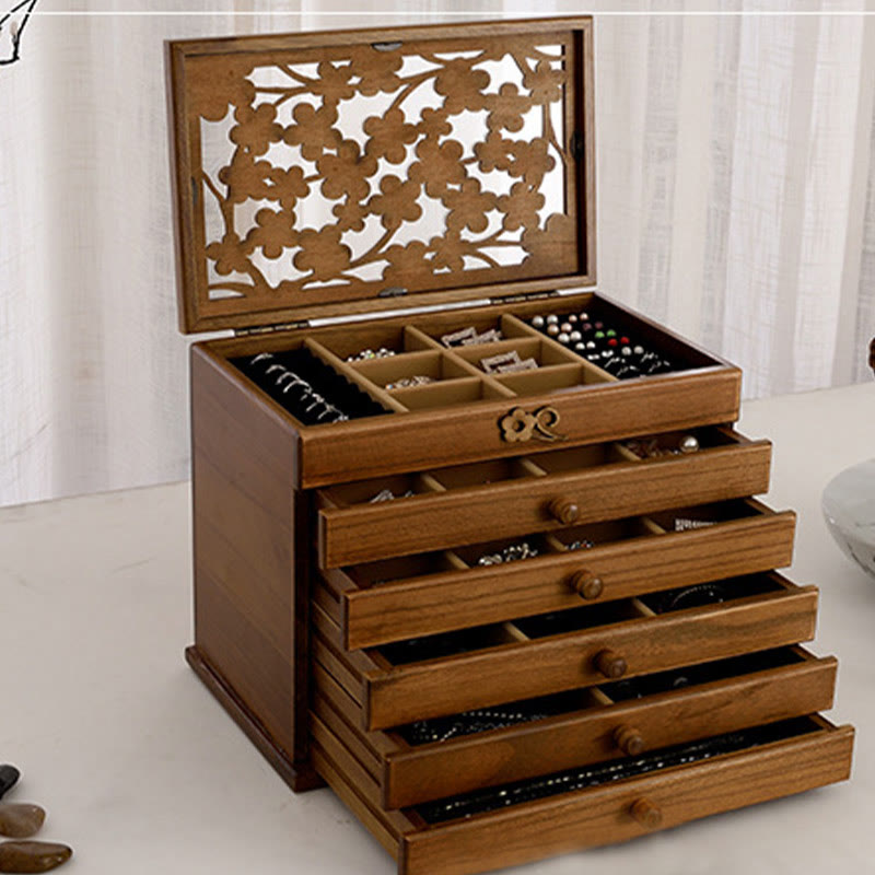 Nimara Ritual Vintage Plum Blossom Carved Wooden Jewelry Box Six-Layer Jewelry Storage Box