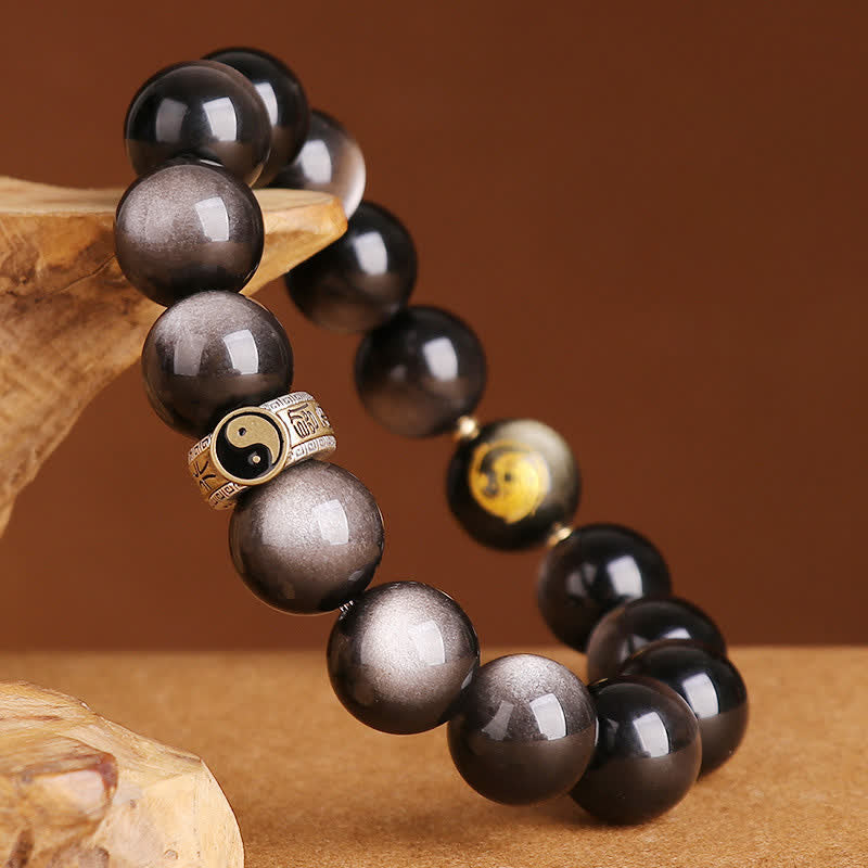 Nimara Ritual 925 Sterling Silver Black Obsidian Gold Sheen Obsidian Silver Sheen Obsidian Yin Yang Protection Bracelet