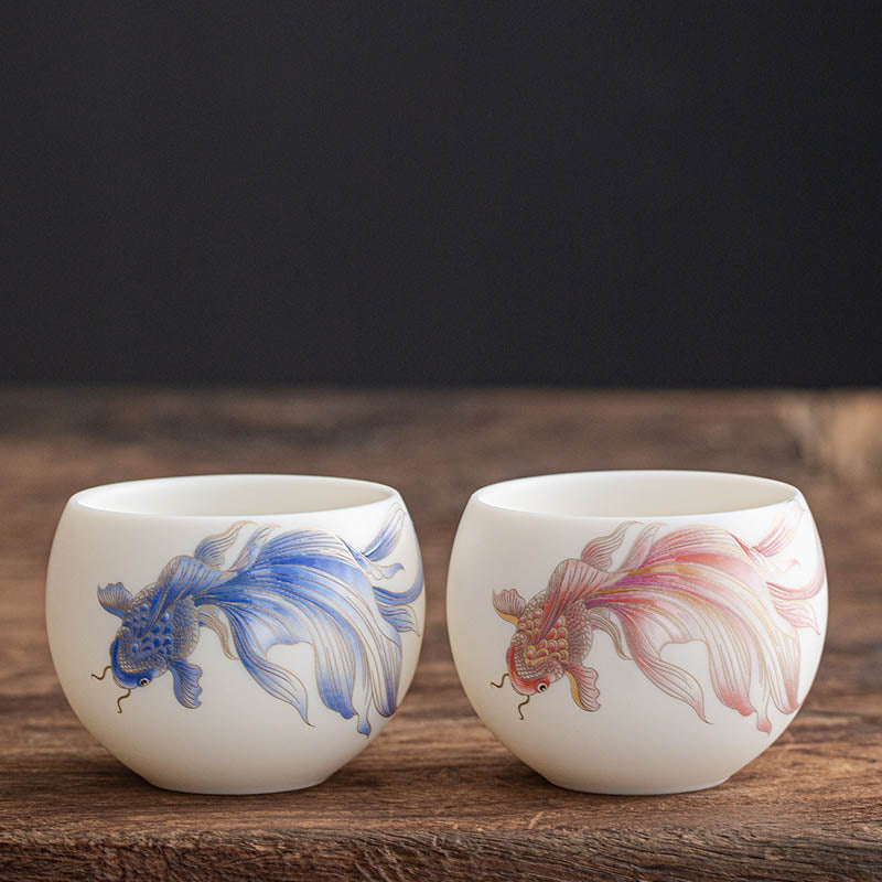 Nimara Ritual Koi Fish White Porcelain Ceramic Teacup Kung Fu Tea Cup