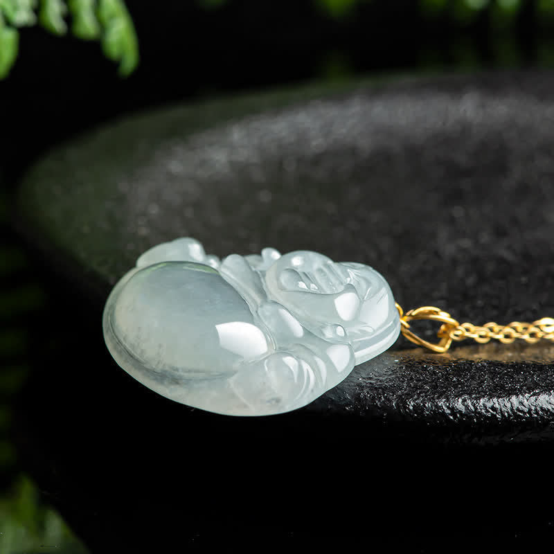 Nimara Ritual Laughing Buddha Natural Jade Abundance Titanium Steel Chain Necklace Pendant