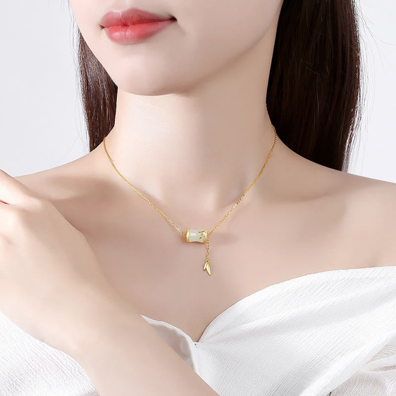 Nimara Ritual 925 Sterling Silver 22K Gold Hetian White Jade Bamboo Leaf Luck Necklace Pendant Bracelet