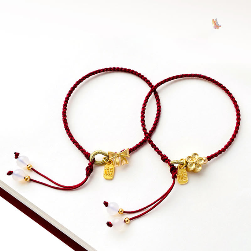 Nimara Ritual Handmade Peach Blossom Rosette Bow Knot Fu Character Charm Luck Fortune Red Rope Bracelet