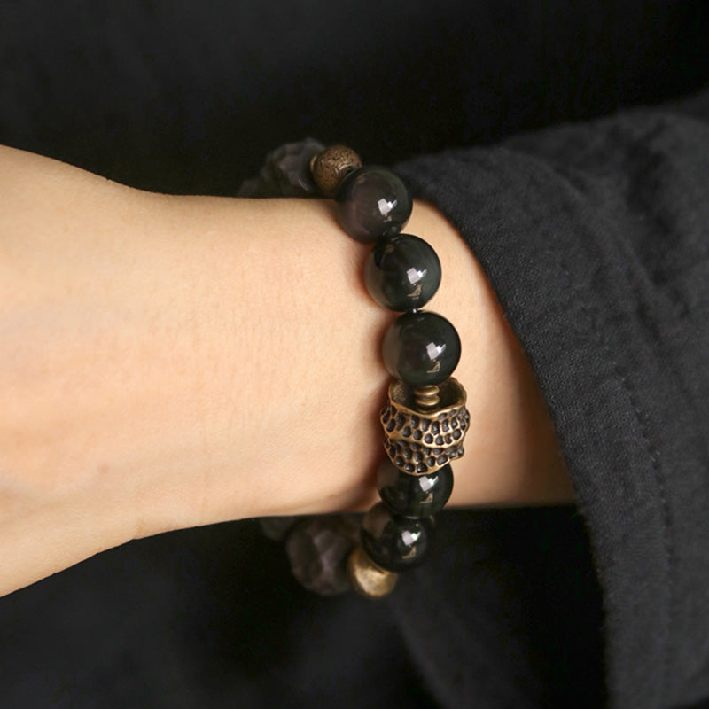Nimara Ritual Black Obsidian Ebony Wood Copper Strength Couple Bracelet