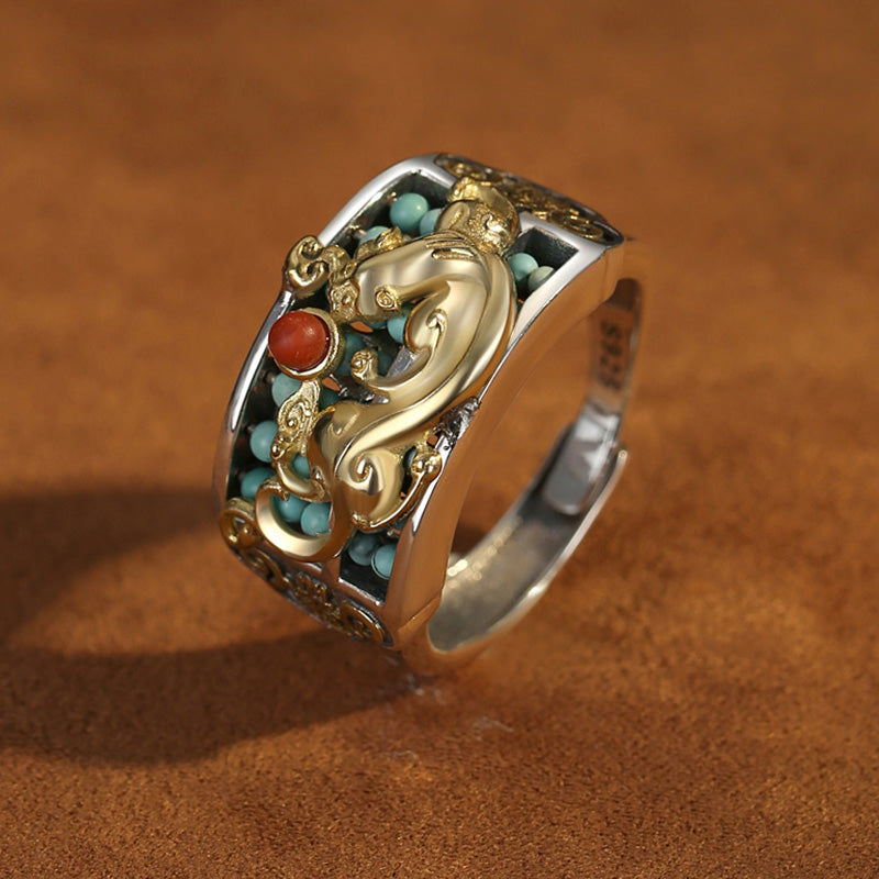 Nimara Ritual 925 Sterling Silver Turquoise Red Agate PiXiu Abacus Protection Ring
