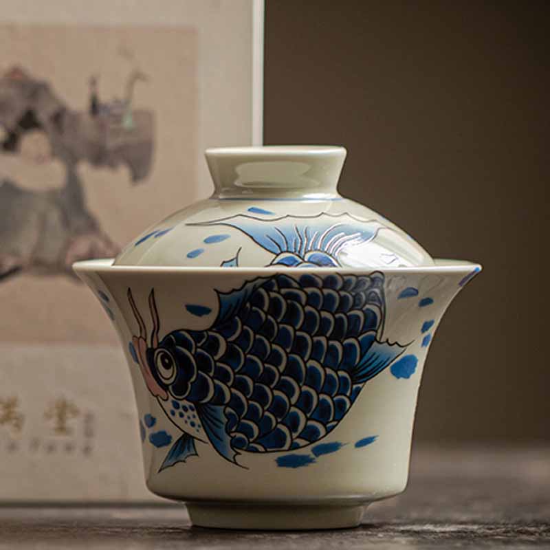 Nimara Ritual Koi Fish Arowana Ceramic Gaiwan Sancai Teacup Kung Fu Tea Cup With Lid 130ml